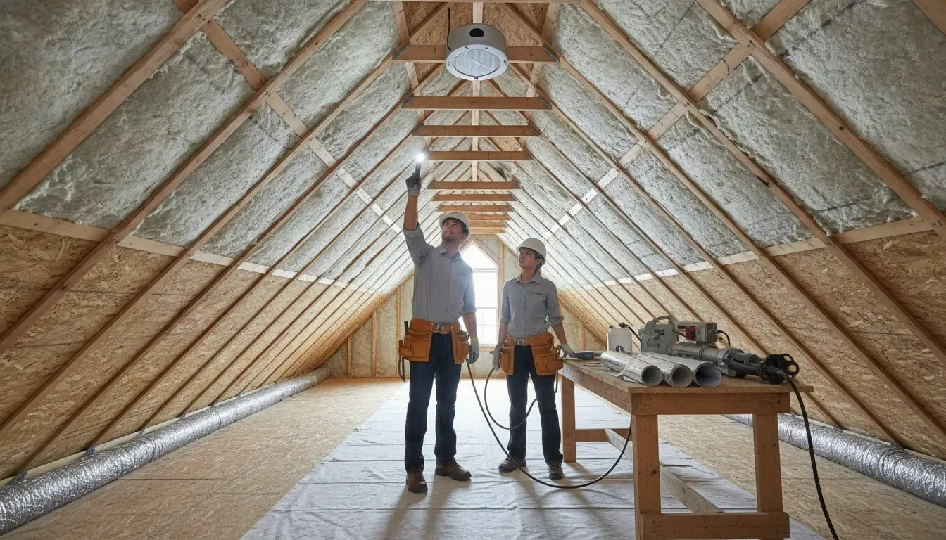 Professional contractors inspecting attic performance products and ventilation pathways