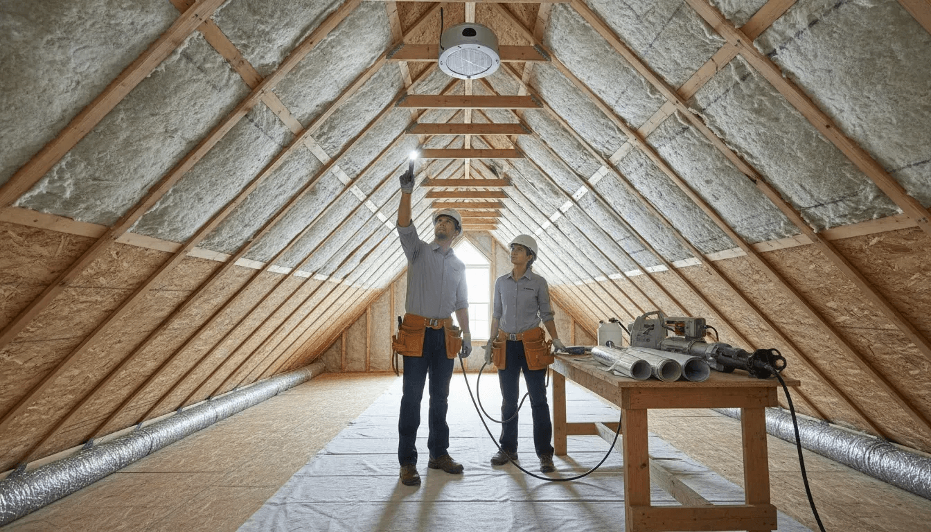 Professional contractors inspecting attic performance products and ventilation pathways