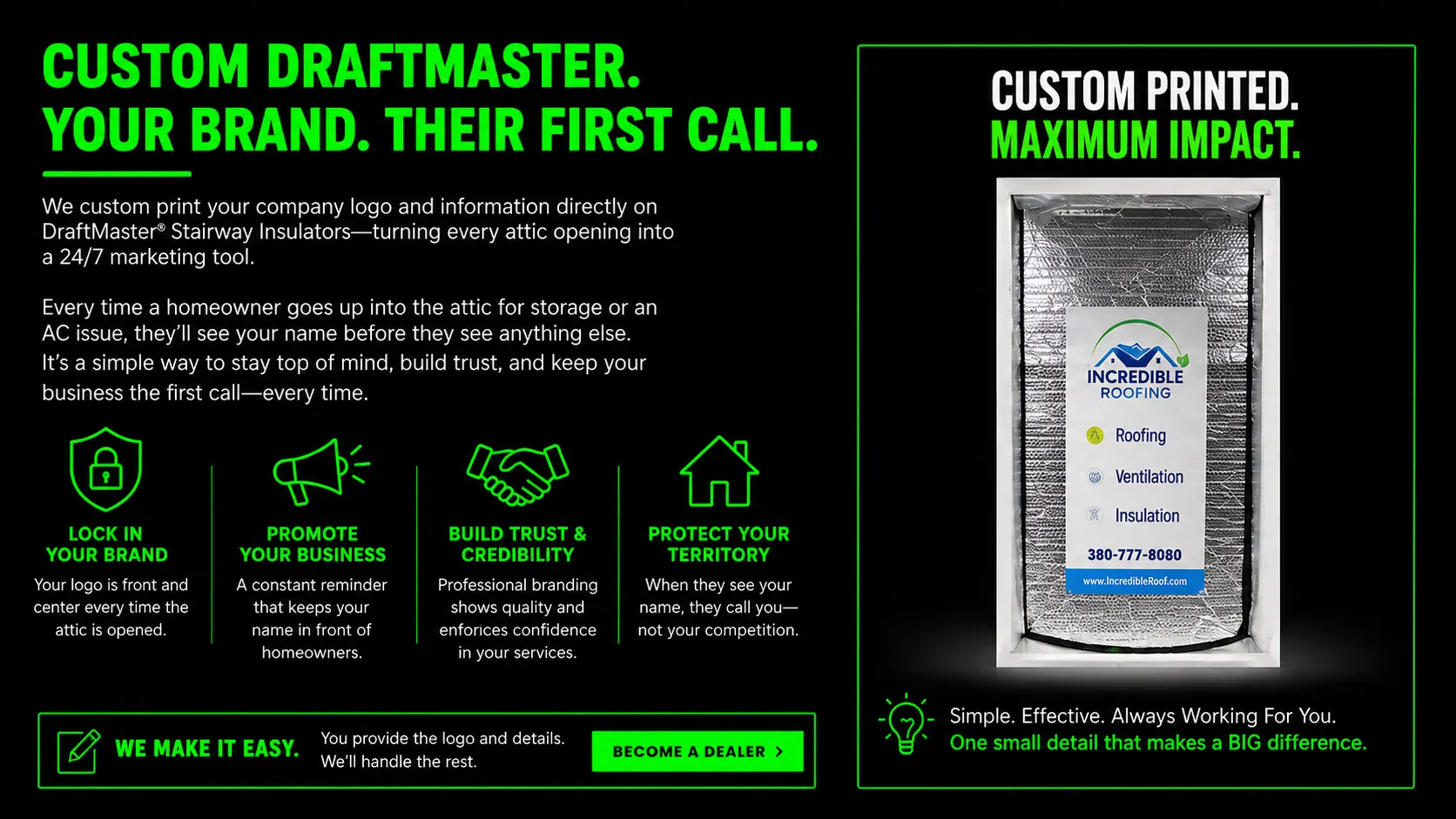 Custom printed DraftMaster attic stairway insulator featuring a contractor's company branding