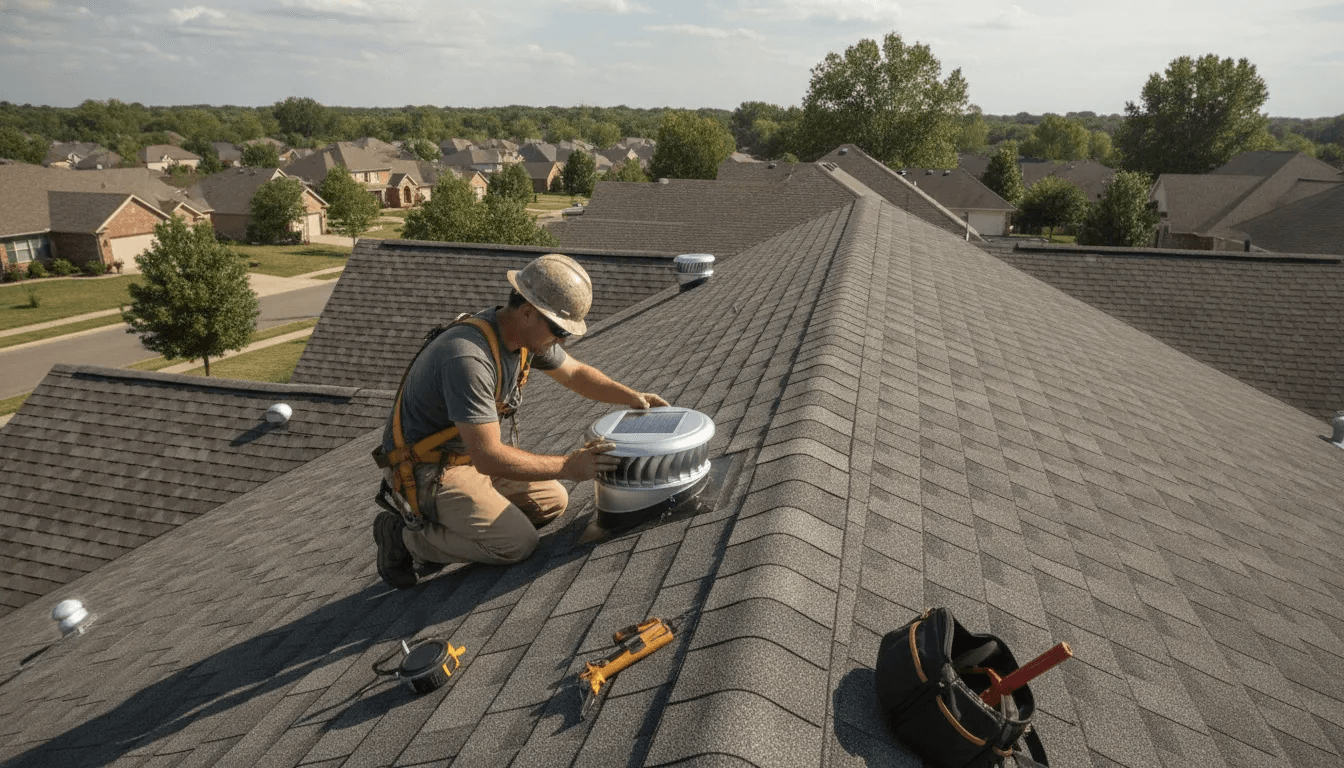 Contractor reviewing solar attic fan specifications for an attic project